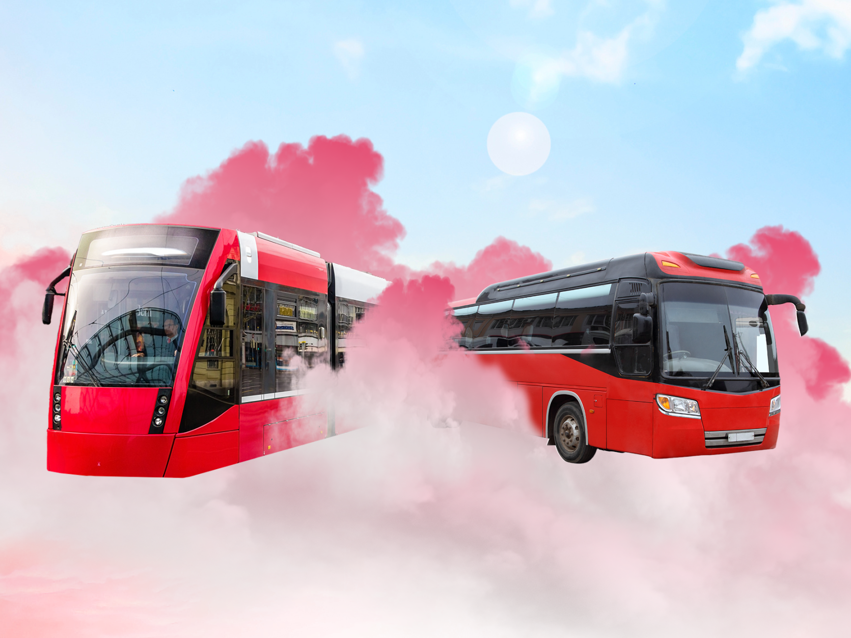 Fotomontage von einer Straßenbahn und einem Bus. Beide befinden sich innerhalb einer Wolke im Himmel